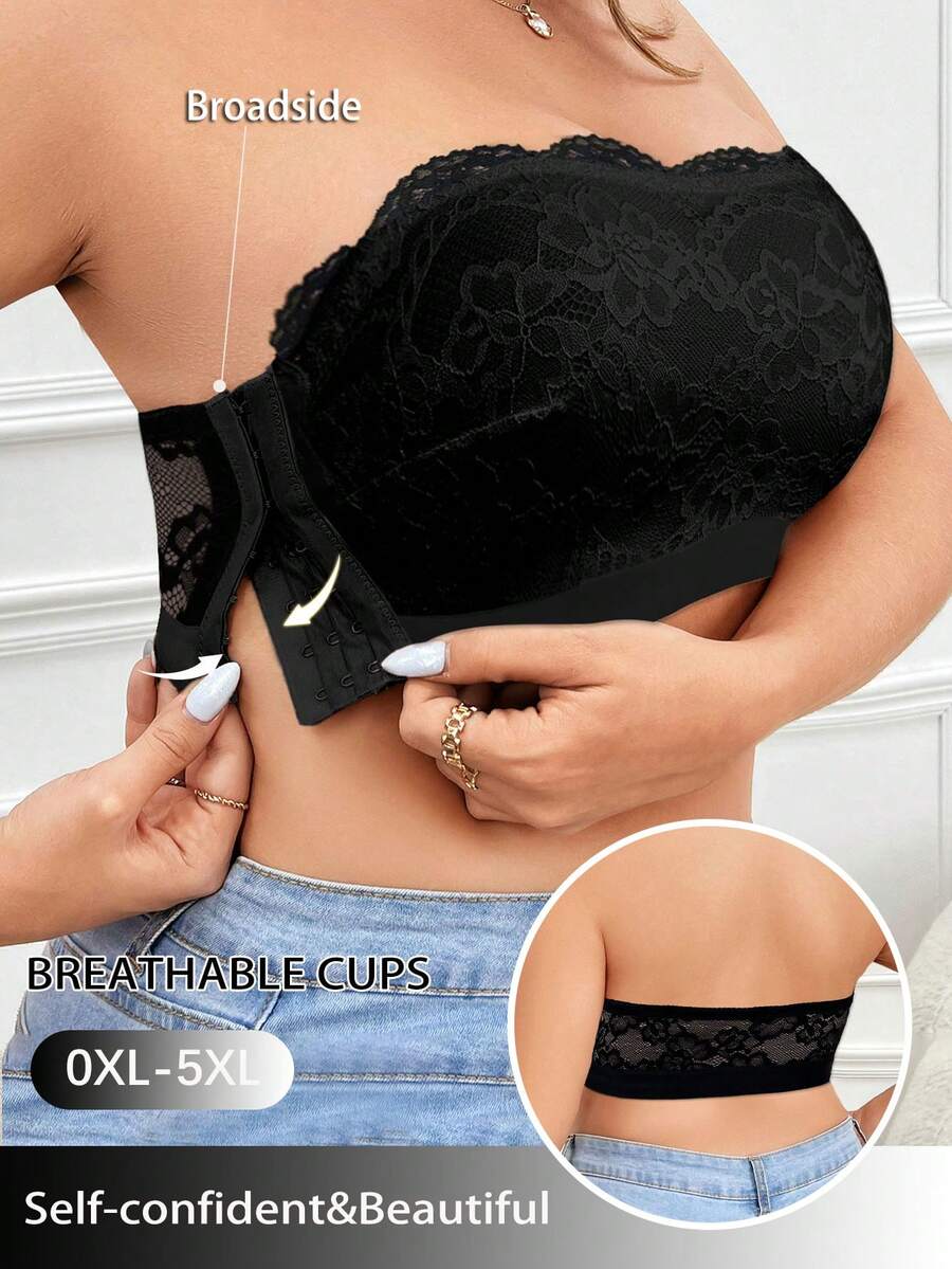Sujetador inalámbrico de encaje con parches y hebilla lateral, talla grande y cómodo - Negro - Ver 1