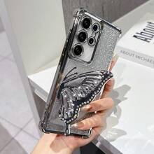 Shockproof, Transparent, Fashionable Electroplated Cushion Glitter Butterfly Stand Phone Case For Samsung Galaxy S26/S22/23/24/25/S24 FE/S25 EDGE, A04/05/06/A07/A14/A15/A16/A17/A24/A25/A34, Note 9/10/11/12/13, 9/10/12/13C 14C, MOTO, Honor X, HW, RENO C53 C55 C61 C63 C75,International Version, Not The Domestic Version - Silver - View 3