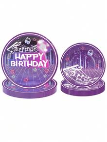 20件/40件/60件套韩式音乐舞蹈女孩生日派对装饰，紫色和粉色K-POP明星生日派对餐盘，甜点盘，蛋糕盘，餐具套装 - C款 - 查看 4