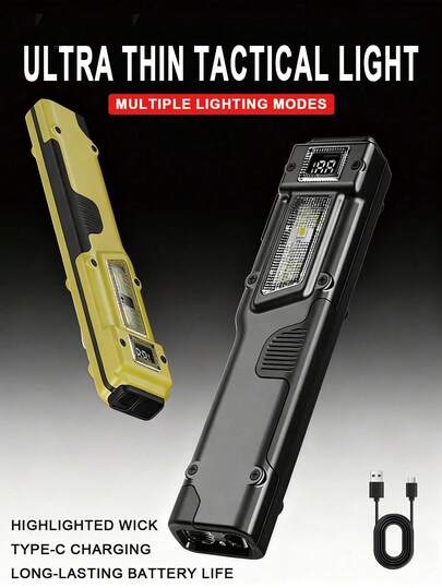 1支超薄战术手电筒，双灯设计，配备精准数字显示屏、强劲主光束和红/紫侧灯，TG3 LED频闪灯珠，轻巧便携，适用于工作和自卫。