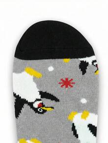 1 Pair Penguin Snowscape Pattern Men's Mid-Calf Socks, Spring/Summer - Grey - View 7