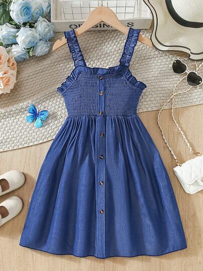 Vestido de niña con diseño de volantes en el bajo y tirantes descubiertos, adecuado para ocasiones casuales, al aire libre, de vacaciones y fiestas