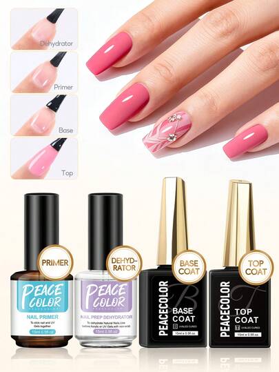 peacecolor 4 botellas de 15ML de base, sellador, juego de deshidratador, de larga duración y firme, adecuado para kits de arte de uñas, para extender manicura de gel y polvo