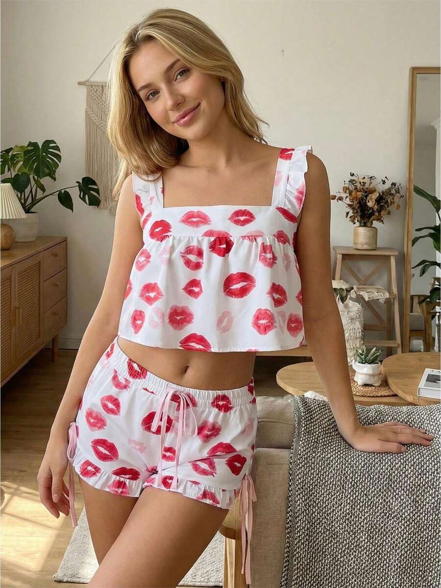 Womens Lounge Set Lip/Heart Print Sleeveless Square Neck Crop Tank Tops And Ruffle Trim Drawstring Shorts 2Pcs Loungewear - Red - View 1