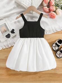 Girls Casual Cute Elegant Lace Ruffle Patchwork Strap Princess Dress, Suitable For Outdoor, Holiday, Party, Spring/Summer - Black and White - View 4