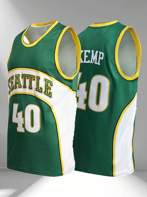 40 Men's Basketball Jersey Embroidered Sleeveless V-Neck T-Shirt, Green Casual Sports Vest For Party