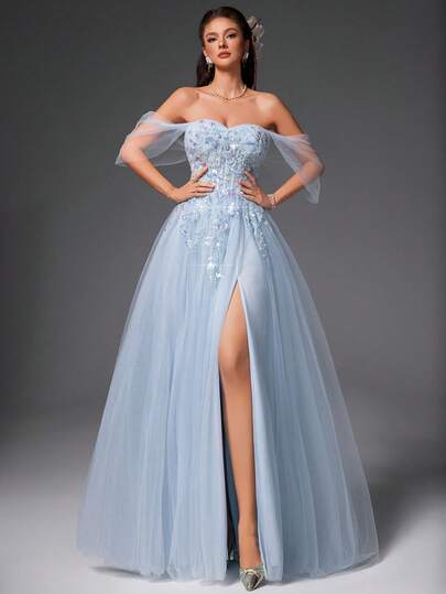 VIPGIRL 浅蓝色露肩刺绣薄纱礼服，高开衩晚礼服，长款正式舞会礼服，梦幻优雅派对礼服