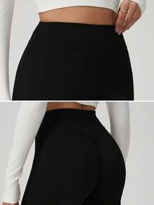 女士高腰纯色喇叭瑜伽裤，运动跑步健身裤，黑色，春季款 - 彩色 - 查看 6