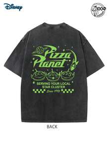 Retro Pizza Planet Shirt, Toy Story Comfortable Green Pattern Shirt, Toy Story Alien Shirt, Pizza Planet Alien Shirt,Men Clothes, Toy Story Friends, Disney 2026 Tee, Summer Vintage Washed Double-Sided Printed T-Shirt (230g Pure Cotton T-Shirt), Unisex T-Shirt, Daily Casual Wear - 黑色 - 查看 4