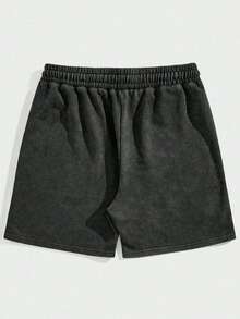 Plus Size Men's Casual Shorts, Japanese "Cherry Blossom" Print, Round Neck Washed Relaxed Shorts, Everyday Wear - Black - View 2