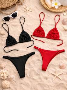 Set Of 2 Women's Adjustable Triangle Bikini Bottoms With Thong Style For Summer And Beach Use. - 黑紅 - 查看 1