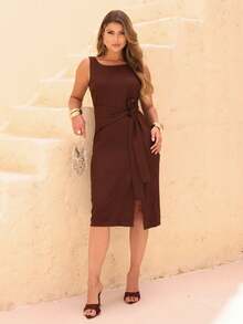 Dress With A Sophisticated Drape And A Front Knot. - Rust Brown - View 3