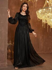 SUPGIR 女士 V 领亮片拼接喇叭袖修身雪纺优雅晚礼服 - 黑色 - 查看 2