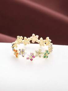 1枚优雅花卉圆形设计立方氧化锆镶嵌时尚戒指，女士节日礼物 - 彩色 - 查看 22