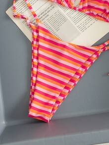 Women's Sexy Fashion Minimalist Elegant Romantic Two Pieces Casual Beach Travel Party Reversible Striped Print Halter Swimwear Set, Spring/Summer New Arrival - Orange - View 6