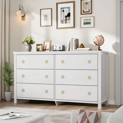 Cómoda de 6 cajones, mueble grande para guardar ropa y TV, de madera, ideal para dormitorio, sala de estar y pasillo, color blanco.