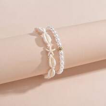 2pcs Bohemian Style Summer Fashion Shell & Faux Pearl Beaded Anklet, Suitable For Daily Commute, Beach, And Vacation Wear - Multicolor - View 2