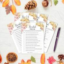 Juegos de ducha nupcial de otoño Juego de Feud Nupcial Tarjetas de juego con estilo bohemio floral Suministros para despedida de soltera Conjunto de 25 tarjetas de juego y 1 tarjeta de respuestas Colores de otoño Juegos interactivos divertidos para fiestas de compromiso y bodas - Pelea nupcial - Ver 3