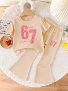 This Casual Set Designed For Girls Features A Fashionable Letter Print Design, Including A White Short Sleeve Round Neck T-Shirt And Mid-Waist Flare Pants. - Apricot - View 2