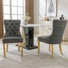 Dining Chair With A Unique Striking Unit At The Back, 2 Stations With Studded Head Trim, Gold Stainless Steel Support Legs, Velvet Fabric - Grey - View 4