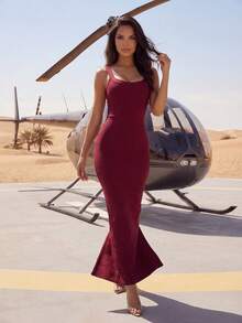Modphy New Sexy Women's Spaghetti Strap Sleeveless Bodycon Bandage Maxi Dress, Fashionable Armpit Stripe Design, Open Back Backpack Style Bandage Long Dress, Suitable For Holiday, Wedding, Party - Burgundy - View 4