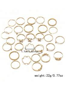 28pcs Heart Shaped Geometric Bohemian Style Rhinestone Accent Minimalist Wave Knuckle Rings, Suitable For Women's Daily Wear, Dates, Parties, Valentine's Day, Anniversary, Gifts For Girlfriends, Friends, Party, Street Style (Includes Size Chart, Do Not Shower Or Forcefully Bend, Please Purchase Carefully) - Gold - View 3