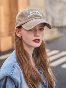 LEAJOURNO. 1顶男女通用秋冬水洗字母刺绣复古美式做旧棒球帽，韩版 - 卡其色 - 查看 2