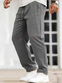 1pc Men's Casual Zipper Pocket Straight Leg Pants, Contrast Color Drawstring Waist Design, Stretchy Breathable Fabric, Suitable For Outdoor Running, Cycling, Hiking - Dark Grey - View 1