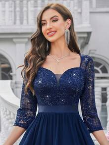 MIUSOL 亮片花卉蕾丝心形领口七分袖褶裥下摆优雅派对礼服，适合女士婚礼宾客、正式派对、毕业舞会、春季盛会等场合。 - 藏蓝色 - 查看 8