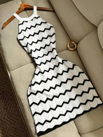 Spring/Summer Women's Fashionable Elegant Casual Resort Wear Daily Commute Black & White Color-Block Wavy Cutout Design Sleeveless Backless Knit Short Dress, Outing Attire, Women's Wedding Guest Dress, Women's Summer Dress