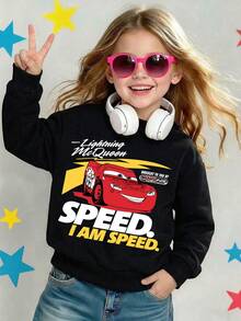 Disney Cars Lightning McQueen Speed I Am Speed Quote Comfortable Print Young Girls' Long Sleeve Sweatshirt, Suitable For Autumn/Winter, Lightweight And Cozy, Great For Layering In Fall, Fashionable Casual Wear, Graphic Design, Back To School Season, Autumn, Back To School Party, Suitable For Outdoor Picnic, Street Photography, Home, Campus, Holidays, New Year Gift - màu đen - Xem 2