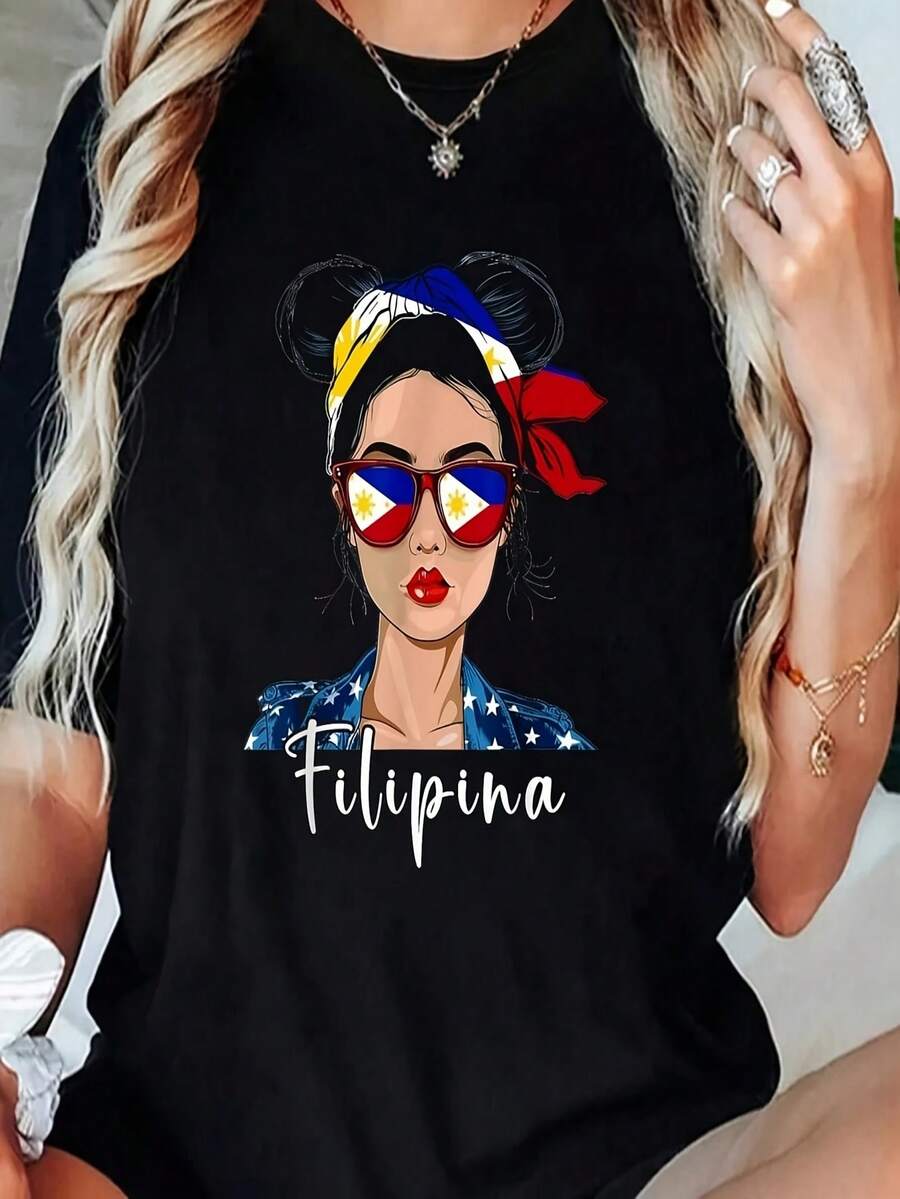 PLUS SIZE Filipina Flag Souvenirs Woman Uniform Girl Hat Philippines T-Shirt - Black - View 1