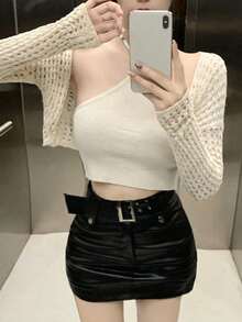 New Sexy Spaghetti Strap Camisole Top & Cropped Knit Cardigan Set, Revealing, Suitable For Spring/Summer - Apricot - View 3