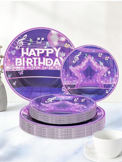 20 pezzi/40 pezzi/60 pezzi Piatti di carta rosa e viola a tema musicale e stelle KPOP, piatti da dessert monouso da 7 pollici/9 pollici per feste di ragazze che ballano, feste di compleanno di principesse, festa di nascità