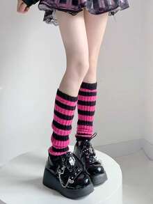1双Y2K原宿哥特朋克风针织腿套，黑粉色、黑紫色、黑白条纹款，长款纯棉腿套，优雅舒适，柔软亲肤，适合春夏穿着，日式优雅风格，柔软舒适的日式休闲腿套 - 彩色 - 查看 13