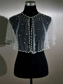 一件女士珍珠披肩开衫，配有胸针，袖套式薄网眼外套，适合女士出席婚礼、晚宴、派对等场合。 - 彩色 - 查看 11