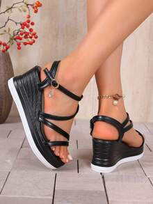 2026 Summer New Plus Size Women Sandals, Flat Wedge Strap Thick Bottom High Heel Sandals - Black - View 4