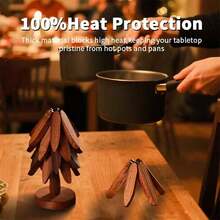 Natural Foldable Walnut Wooden Trivet Set - 4 Trivets + 1 Stand For Hot Dishes, Pot, Bowl, Teapot, Hot Pot Holders,Suitable For Valentine's Day, New Year Or For Keeping Food Warm In Restaurant Settings During Daily Operations. - Walnut - 查看 1