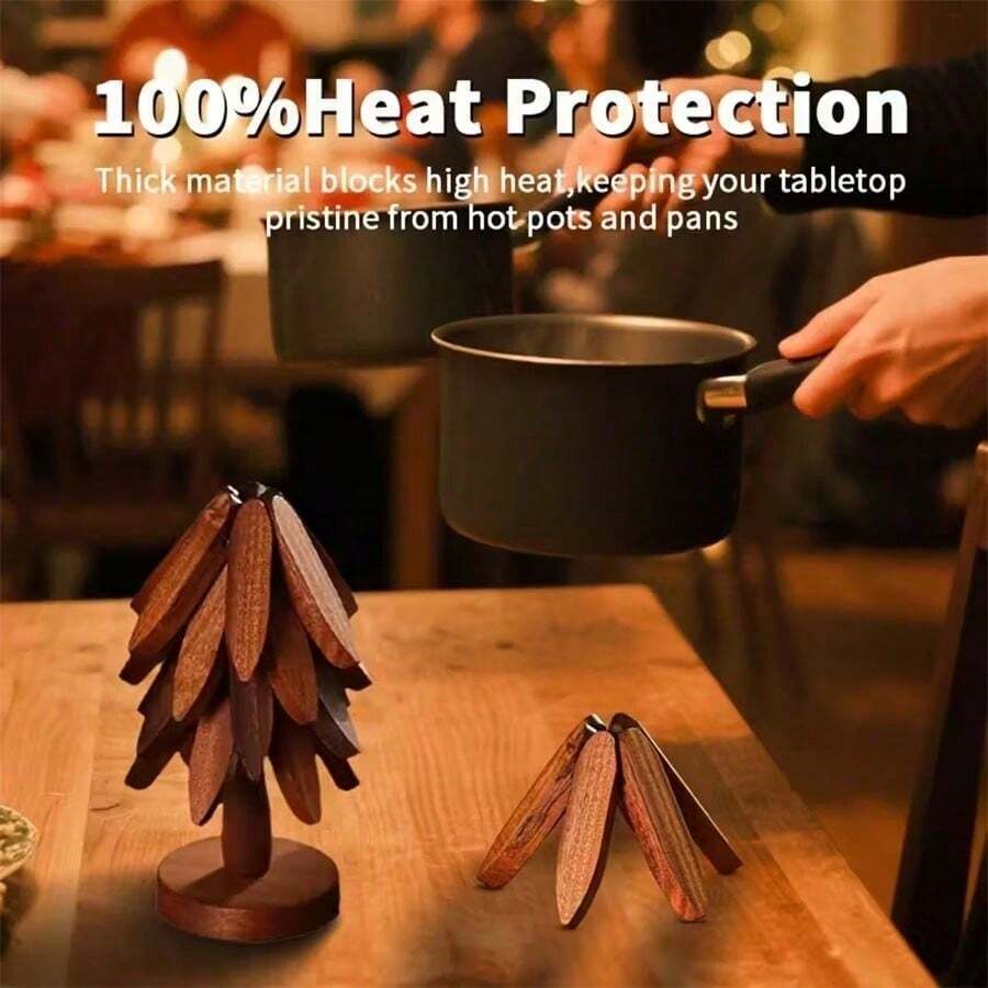 Natural Foldable Walnut Wooden Trivet Set - 4 Trivets + 1 Stand For Hot Dishes, Pot, Bowl, Teapot, Hot Pot Holders,Suitable For Valentine's Day, New Year Or For Keeping Food Warm In Restaurant Settings During Daily Operations. - Walnut - 查看 1