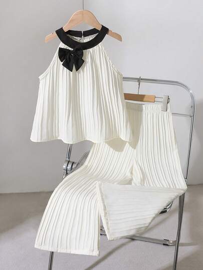 两件套女童夏季套装，蝴蝶结装饰撞色领宽松上衣+阔腿裤，适合户外、海滩、派对、日常穿着