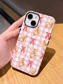 1pc Cute Cartoon Bear Bow Retro Plaid Pattern Glossy 2-In-1 Filmic Hard Phone Case, Suitable Compatible With Samsung/ 11/12/13/14/15/16/17 Pro Max - Multicolor - View 3