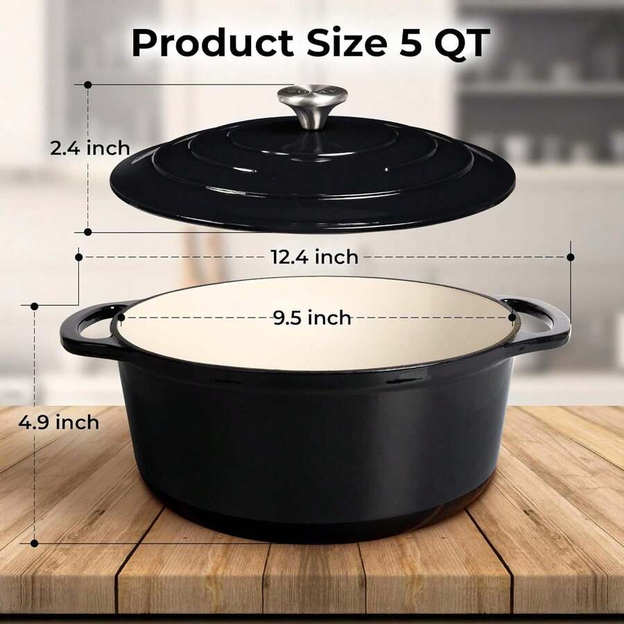 5 Quart Enameled Cast Iron Dutch Oven Pot With Lid – Premium Durability & Oven Up To 500°F – Heavy Duty Cookware Perfect For Bread Baking, Stews, Braising & Roasting – Black - màu đen - Xem 1