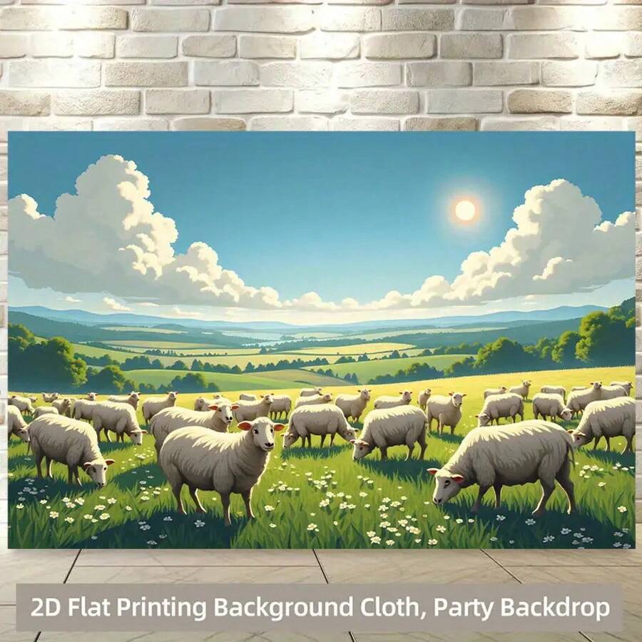 2D Flat Single Piece Colorful Sheep Grassland Background Cloth - Scenery Under The Sun Green Field, Perfect For Decorating Your Living Room, Bedroom, Office, Or For Party Scenes - A - Xem 1