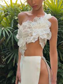 Women's Crystal Sequin Embroidered Floral Tops Y2K 3D Floral Tube Tops One Shoulder Back Silk Tie Crop Tops Party Backless Slim Fit Sleeveless Tank Club Evening Clothes Summer Fashion Outfit, Multiple Ways To Wear - Trắng - Xem 7