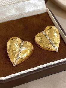 1Pair Elegant Heart Dangle Earrings Rhinestone Minimalist Golden Heart Earrings Stainless Steel Earrings For Christmas Daily Party Mother Valentine Jewelry Gifts - Multicolor - View 8