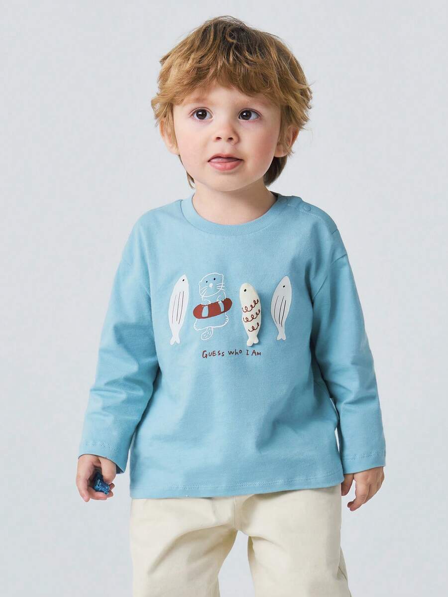 mini bala Baby Boys Long Sleeve T-Shirt, Pure Cotton Soft Touch, Nautical College Style, Durable Casual Top For Spring 2026 - Ice Blue - View 1