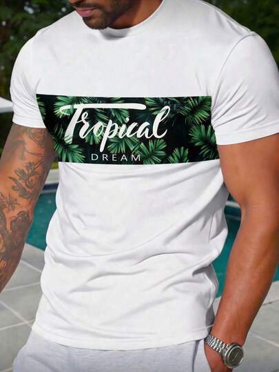 Men's Letter Print Short Sleeve T-Shirt, Suitable For Summer