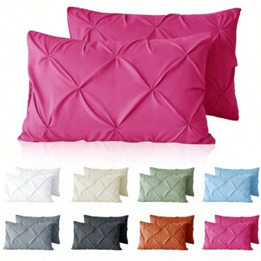 VACVELT - Juego de 2 fundas de almohada pintuck de tamaño estándar color gris claro fundas de almohada decorativas con cierre de sobre fundas de almohada de microfibra plisadas de pellizcos - Rosa fuerte - Ver 1