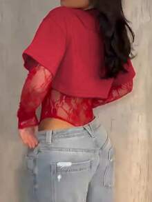 Women's Sexy Lace Patchwork T-Shirt, 2 In 1 Top, Solid Color Bodysuit, Suitable For Daily Wear, Dating, Singles Party, Stage Performance And Concerts, Spring/Summer Elegant - Red - View 3