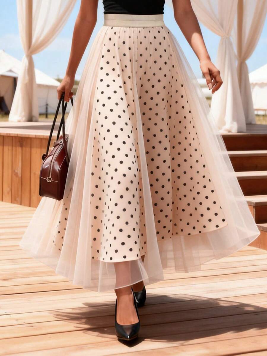 Chân váy nữ chấm bi phối lưới, chân váy chữ A bằng chiffon, lưới in họa tiết da báo, vạt xòe thanh lịch, thoáng khí và có thể giặt máy, phù hợp cho các dịp thường ngày đến bán trang trọng vào mùa xuân, hè và thu, một món đồ không thể thiếu trong tủ quần áo, kiểu dáng thời trang, đường may tinh tế, thiết kế vạt váy, phù hợp để mặc đi làm. - Nhiều màu - Xem 1